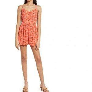 Market & Melrose Orange Floral Romper V-Neck Pockets Side Zipper  Large NWT
